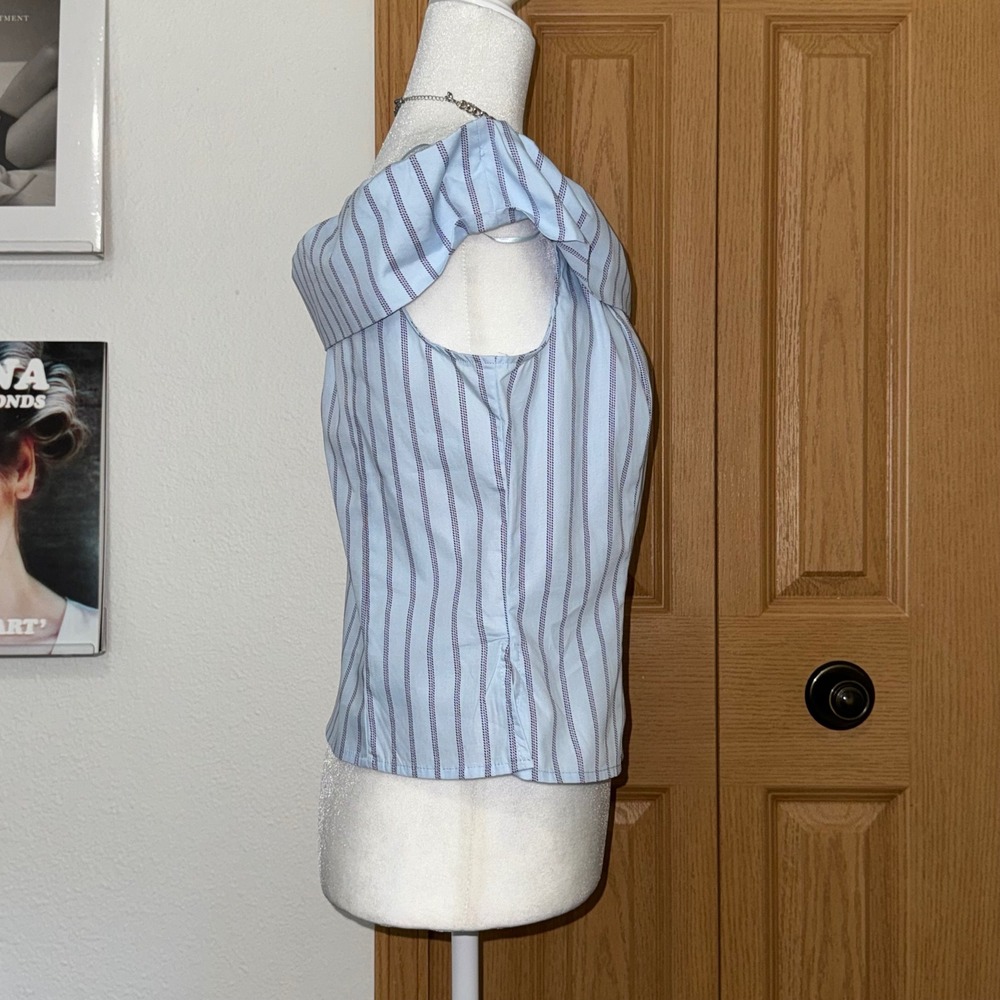 Francesca's Blue Striped Off Shoulder Bow Top Cotton Blouse Large Coastal Wear - Picture 2 of 9